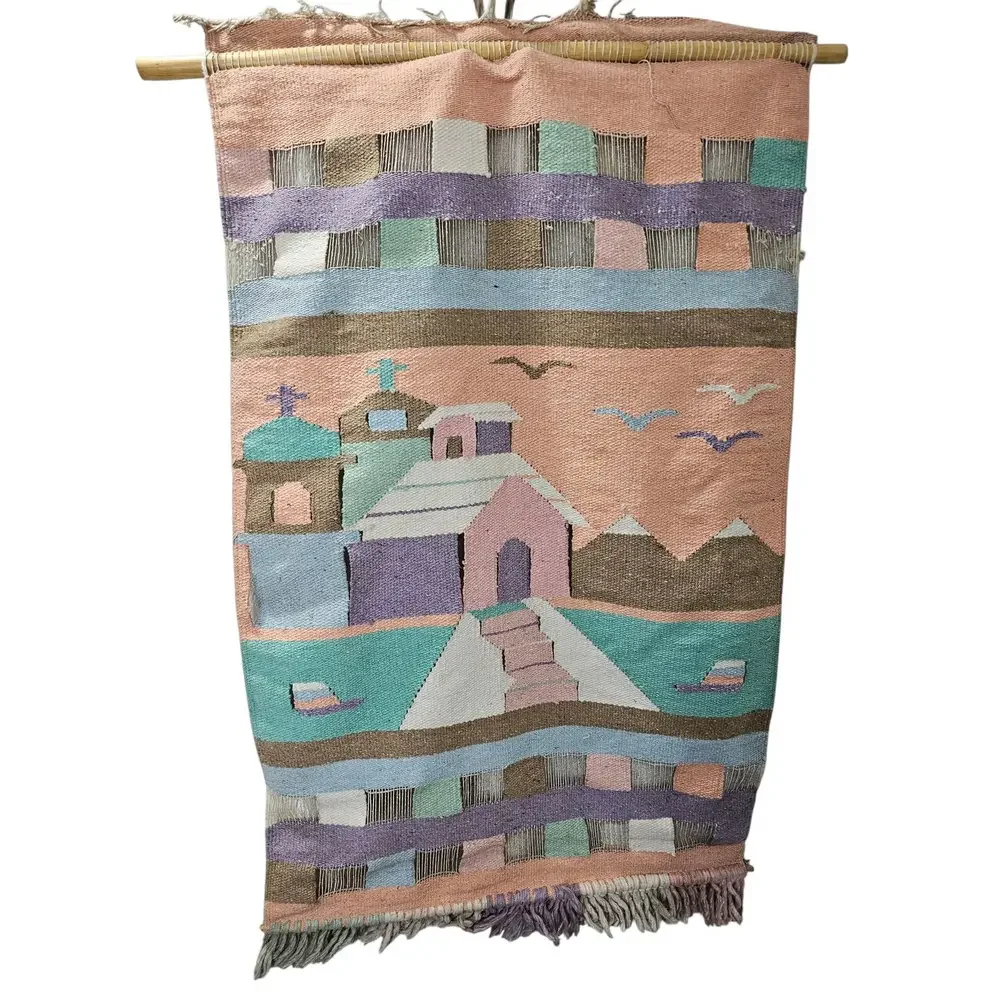 Vintage Southwest Pueblo Mountain Town Wool Woven Wall Hanging 45